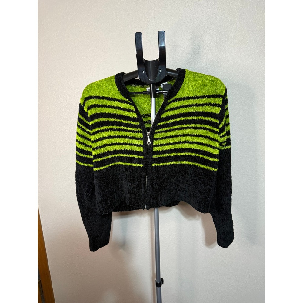 Arizona Jean Co Green Black Striped Cropped Zip Up Fuzzy Sweater Womens Large